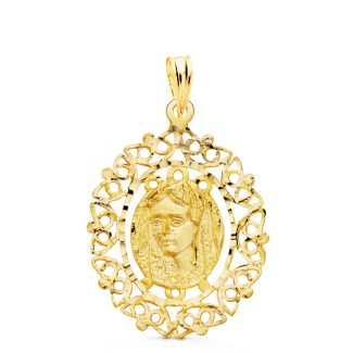 18K MEDALLA ORO AMARILLO VIRGEN DE LA MACARENA CERCO FILIGRANA 28X21 MM