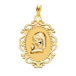 18K MEDALLA ORO AMARILLO VIRGEN NIÑA CERCO CALADO BRILLO 23X16 MM