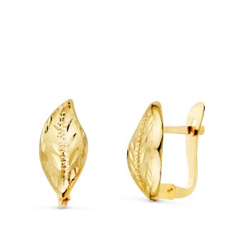 18K PENDIENTES ORO AMARILLO HOJA LAPIDADOS Y TALLADOS 13 X 6 MM, CIERRE CATALAN