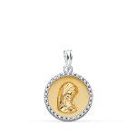 18K COLGANTE REDONDO ORO BICOLOR VIRGEN NIÑA CON CERCO Y CIRCONITA 16 MM
