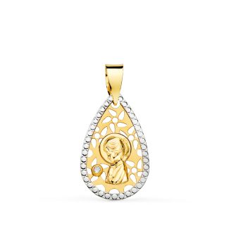 18K MEDALLA ORO AMARILLO ORO BICOLOR VIRGEN NIÑA CALADA BORDES TALLADOS 19X12 MM
