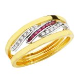 9K SORTIJA ORO BICOLOR BANDAS CON CIRCONITA BLANCAS Y ROJAS, ANCHO: 6,5 MM