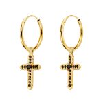 18K AROS ORO AMARILLO TUBO CON COLGANTE CRUZ CIRCONITA NEGRAS 17X12 MM ARO 14X1 MM