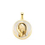 18K MEDALLA ORO AMARILLO REDONDA CON NACAR BLANCO Y VIRGEN NIÑA 15 MM