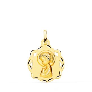 18K MEDALLA ORO AMARILLO CAPILLA VIRGEN NIÑA PERFIL MATIZADA 17X14 MM