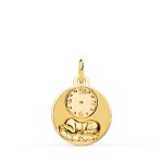 9K MEDALLA ORO AMARILLO REDONDA NIÑO DE LA HORA CON RELOJ BRILLO Y MATE 15 MM