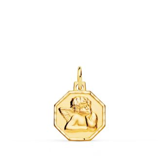 18K MEDALLA ORO AMARILLO OCTOGONAL ANGELITO BURLON TALLADA 13X13 MM