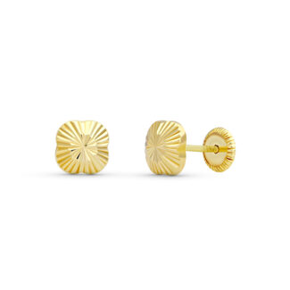 18K PENDIENTES ORO AMARILLO FLOR TALLADAS, 6X6 MM CIERRE TUERCA