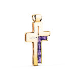 18K CRUZ ORO AMARILLO PIEDRAS BAGUETTE CIRCONITAS COLOR AMATISTA, 31 X 15 MM