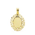 18K COLGANTE PLACA CHAPA ORO AMARILLLO CERCO CALADO 28 X 21 MM