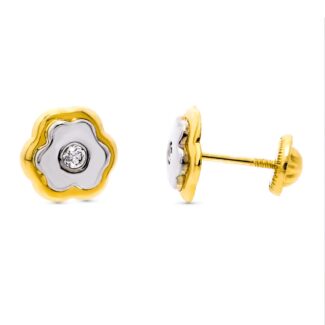 18K PENDIENTES ORO BICOLOR TREBOL, 8X8 MM CIERRE TUERCA