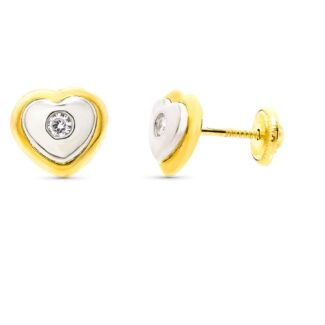 18K PENDIENTES ORO BICOLOR CORAZON 8X7 MM CIERRE TUERCA