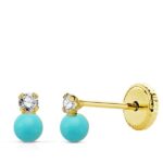 18K PENDIENTES ORO AMARILLO TU Y YO CIRCONITA Y TURQUESA 5X3 MM, CIERRE TUERCA
