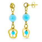 18K PENDIENTES LARGOS ORO AMARILLO TURQUESA FLOR CALADA CIERRE PRESION
