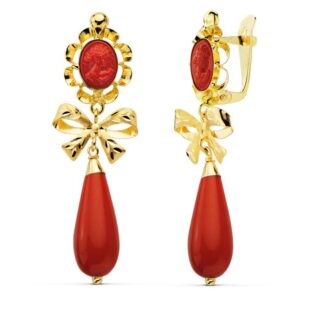 18K PENDIENTES ORO AMARILLO CORALINA CAMAFEO 42X13 MM CIERRE CATALÁN