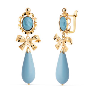 18K PENDIENTES ORO AMARILLO TURQUESA CAMAFEO 42X13 MM, CIERRE CATALÁN