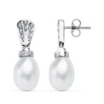 18K PENDIENTES ORO BLANCO PERLA 26X9 MM CIERRE PRESION