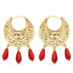 18K PENDIENTES AROS ORO AMARILLO TALLADOS CORAL 32X25 MM