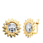 18K PENDIENTES ORO BICOLOR SOL CON CARA EN BRILLO 15 X 15MM,CIERRE CATALAN