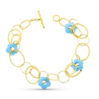 18K PULSERA ORO AMARILLO CIRCULOS Y FLOR TURQUESA 20CM