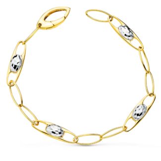 18K PULSERA ORO BICOLOR ESLABONES MOTIVOS TALLADOS, ANCHO 6 MM LARGO 19CM