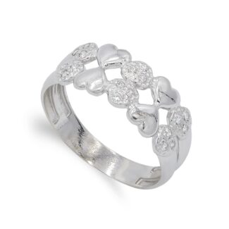 18K SORTIJA ORO BLANCO CORAZONES LISOS Y CIRCONITAS, ANCHO: 8,5 MM