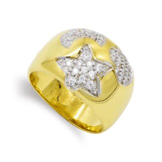 18K SORTIJA ORO AMARILLO CORAZON, LUNA Y ESTRELLA CON CIRCONITAS, ANCHO: 13,5 MM