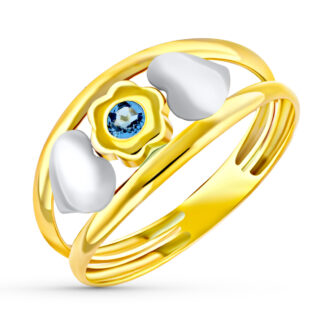 18K SORTIJA ORO BICOLOR DOBLE CUERPO CON CORAZONES Y FLOR CON AGUAMARINA, ANCHO: 8,5 MM