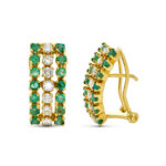 18K PENDIENTES ORO AMARILLO BRILLANTES Y ESMERALDAS, 17X7 MM CIERRE OMEGA