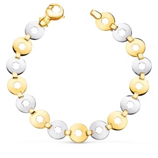 18K PULSERA ORO BICOLOR ESLABONES REDONDOS CON FLOR ANCHO 10 MM LARGO 19CM