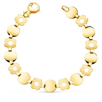 18K PULSERA ORO AMARILLO ESLABON REDONDO Y FLOR MATE ANCHO 10 MM LARGO 19,5CM
