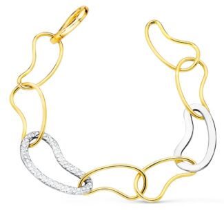 18K PULSERA ORO BICOLOR ESLABONES BRILLO Y TALLADOS ANCHO 14 MM LARGO 20CM