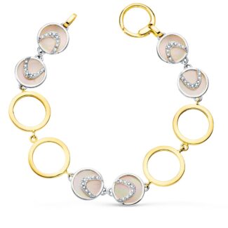 18K PULSERA ORO BICOLOR CIRCULOS CALADOS 16 MM Y NACAR ROSA 20CM