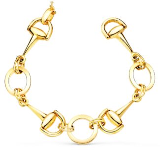 18K PULSERA ORO AMARILLO ARTICULADA CON ESTRIBOS Y CIRCULOS EN BRILLO 20CM