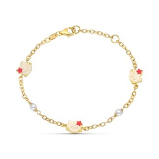 18K PULSERA ORO AMARILLO PERLA Y ESMALTE GATO 18CM