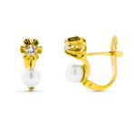 18K PENDIENTES ORO AMARILLO DIAMANTE CON PERLA Y GARRA CIERRE CATALAN