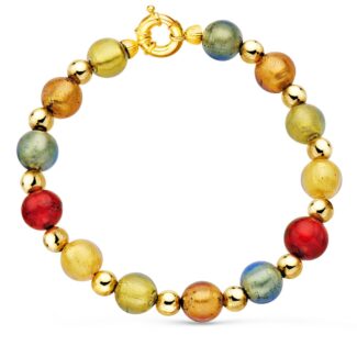 18K PULSERA ORO AMARILLO BOLAS CRISTAL MURANO 10 MM Y BOLAS LISAS 6 MM 21CM