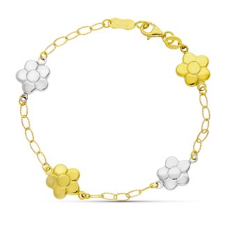 18K PULSERA ORO BICOLOR FLORES 17CM