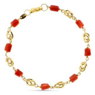 18K PULSERA ORO AMARILLO CON JAULAS Y CORAL FINO JAPONES 19CM