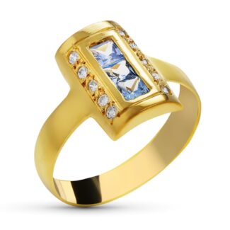 18K SORTIJA ORO AMARILLO LANZADERA CON CIRCONITA AZULES, ANCHO: 14 MM