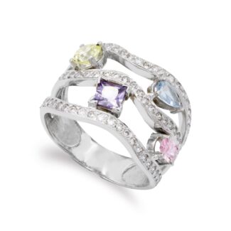 18K SORTIJA ORO BLANCO PIEDRAS DE COLOR Y CIRCONITAS, ANCHO: 15 MM