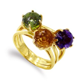 18K SORTIJA ORO AMARILLO HILOS Y PIEDRAS DE COLOR, ANCHO: 7 MM