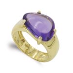 18K SORTIJA ORO AMARILLO PIEDRA AMATISTA IRREGULAR EN GARRAS, MEDIDA: 15X11MM