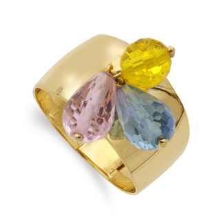 18K SORTIJA ORO AMARILLO TRES PIEDRAS DE COLORRES, ANCHO 11 MM