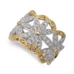 18K SORTIJA ORO BICOLOR MOTIVOS FLORES CON CIRCONITAS, ANCHO: 16,5 MM