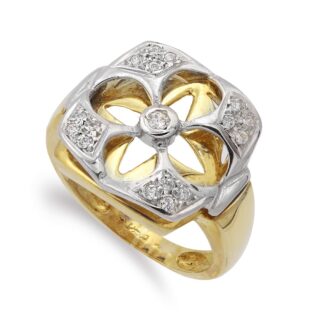 18K SORTIJA ORO BICOLOR FLOR CALADA CON CIRCONITAS, ANCHO: 16 MM