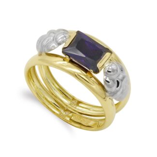 18K SORTIJA ORO BICOLOR DOBLE CUERPO MOTIVO Y CIRCONITA AMATISTA 8X6MM, ANCHO: 14 MM