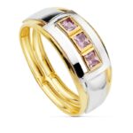 18K SORTIJA ORO BICOLOR DOBLE CUERPO MOTIVO Y CIRCONITA AMATISTAS, ANCHO: 12 MM