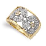 18K SORTIJA ORO BICOLOR MACIZA MOTIVOS DE HOJAS CON CIRCONITA ANCHO 13 MM