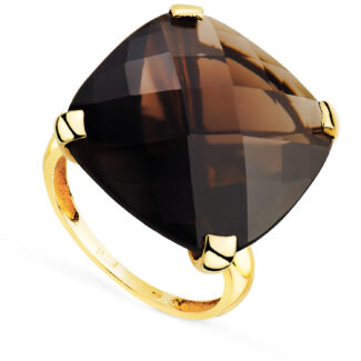 18K SORTIJA ORO AMARILLO PIEDRA COLOR FUMÉ CON GARRAS, MEDIDA: 20 X 20 MM